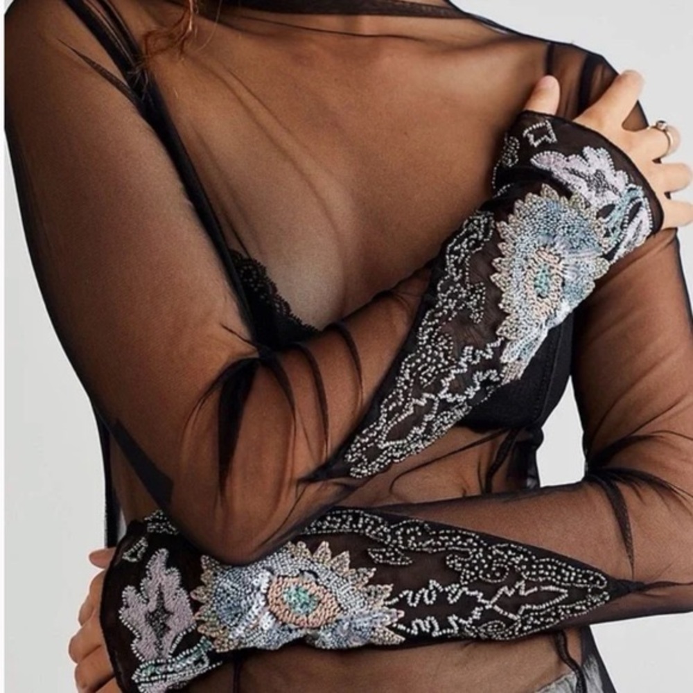 Free People Black Sheer Top with Blue Embroidery